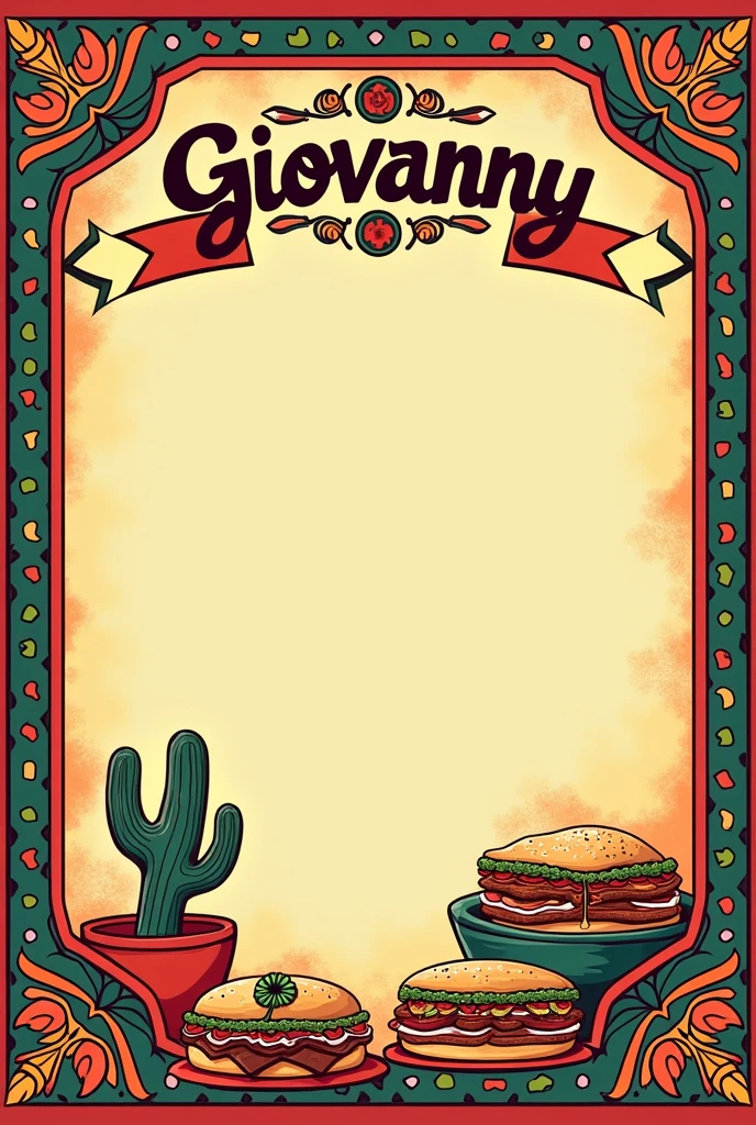 Design a Mexican style page, Aztec icon borders, Mexican food listing, that its menu contains sandwiches and bread with ham, Title says in Spanish "GIOVANNY" in letters at the top of the page
