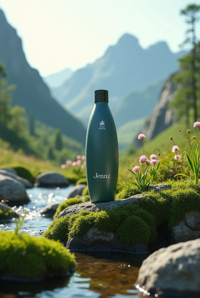 Maneza shampoo bottle with rock and nature around mountains
