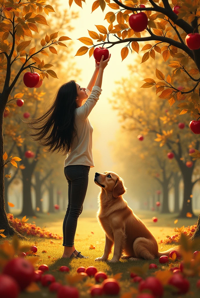 A woman with black hair picking apples from the tree,and a golden retriever at his side. There is a text in the background "gringa" made up of leaves 