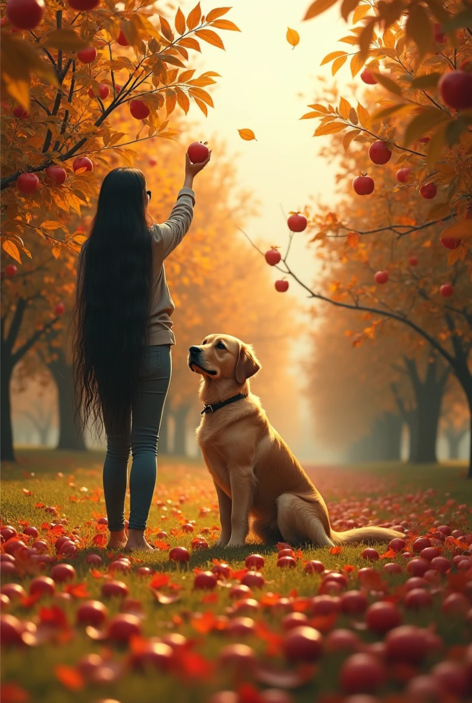 A woman with black hair picking apples from the tree,and a golden retriever at his side. There is a text in the background "gringa" made up of leaves
