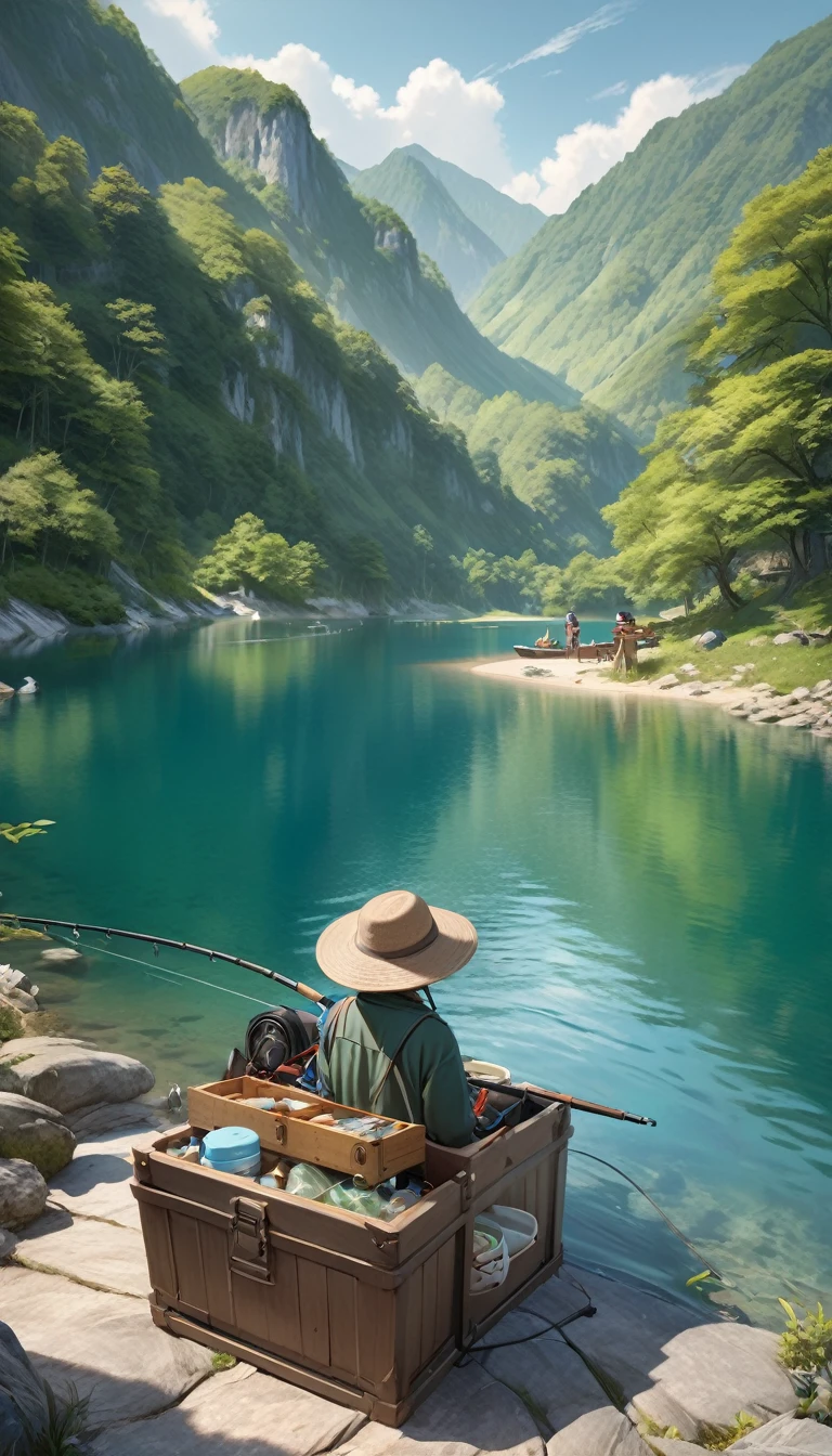 Fisherman wearing fisherman hat.Go fishing fully equipped.fishing chaishing box、fishing umbrella、Follow a dog.Come to the beautiful lakeside with green mountains and clear water.anatomically correct.Scenery background(best quality,4K,8k,High resolution,masterpiece:1.2),Super detailed,(actual,photoactual,photo-actual:1.37),