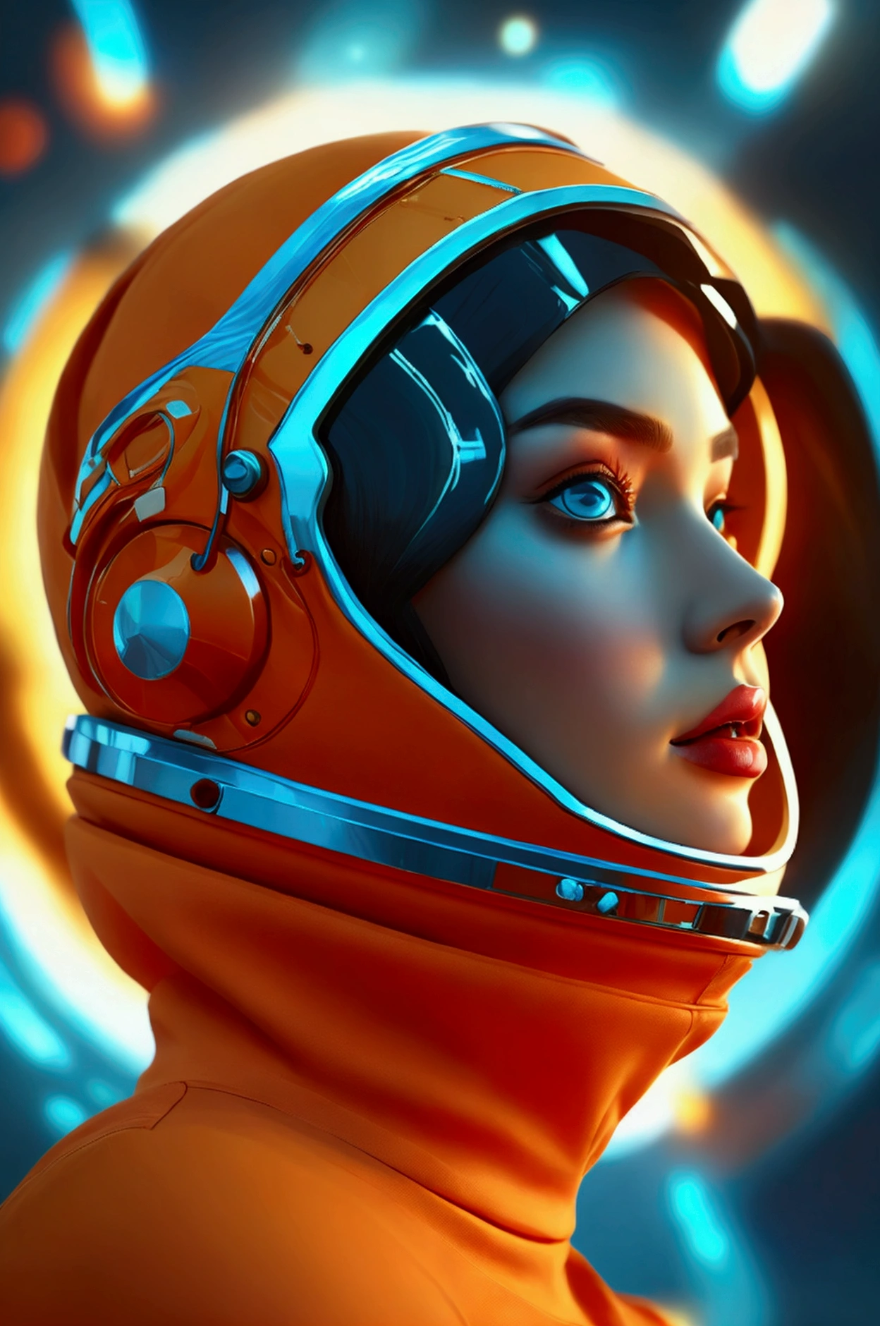 woman 2 beautiful astronaut 1950 , deep blue eyes, Orange clothing with metallic white details, cinematographic, Photoshoot, half Backlight, Backlight, dramatic lighting , incandescent, Soft lighting, incredibly detailed and intricate, Hyper maximalist, Guweiz non-style art, elegant pose, dynamic, Photography, volumetric , ultra detailed, intricate detail, super detailed first work by guweiz, futuristic environment