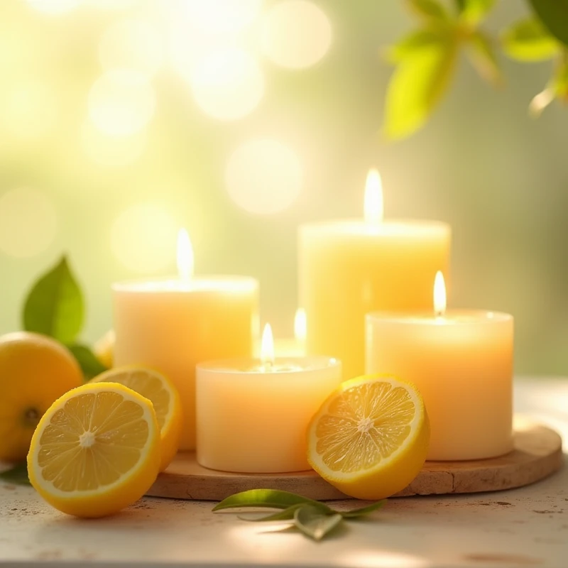 Lemon essential oil,Handmade candles,Bright background,The rising scent of aromatherapy,A different atmosphere