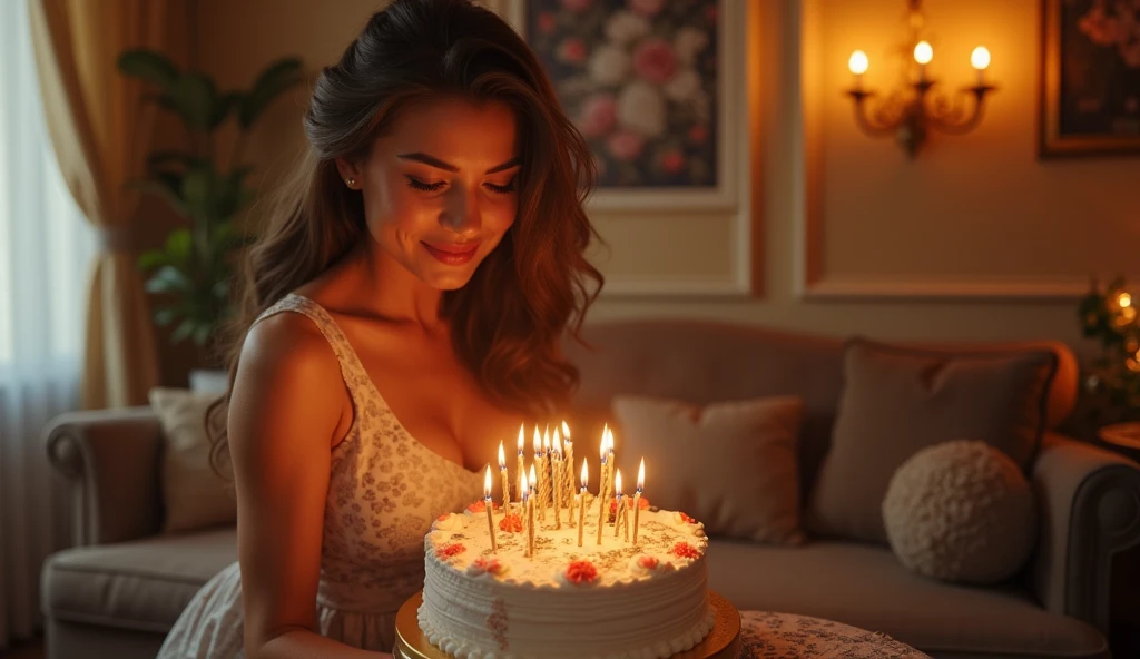 In a warmly lit, elegantly decorated living room, a beautiful lady leans forward, her smile exuding warmth as she presents a beautifully crafted birthday cake. The cake, featuring intricate designs and the words "Happy Birthday Fereshteh" in perfect, high-quality icing, enhances the cozy and luxurious ambiance of the room. The scene is captured with hyper-realism.