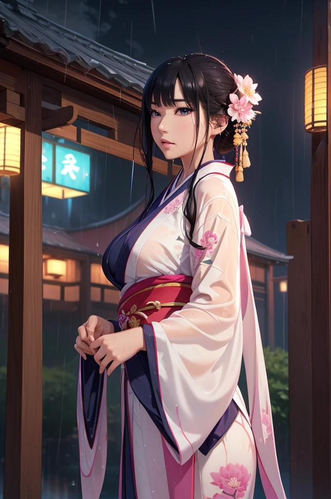 Rich historical background. (Highest quality,4K,8k,High resolution,masterpiece:1.2), Very detailed, (Realistic,Realistic,Photorealistic:1.37), High resolution, Hyper HD, Studio Lighting, Ultra-fine painting, Sharp focus, Physically Based Rendering, Very detailed説明, Professional, Vibrant colors, Bokeh, Sports Late, Ancient War Landscapes, Traditional Chinese Painting Techniques, Atmospheric lighting, Vivid color contrast, Visually stunning composition, Ethereal atmosphere,Very detailed目と顔, Beautiful attention to detail, Light on the face, (Hanfu: 1.1),My whole body is wet、My clothes are wet and transparent、Nipples are visible、nipples color pale pink、Dynamic pose、Rain clouds spreading across the sky、Heavy rain weather、Pouring rain、Wind and rain storm、((Soaked skin from head to toe))、((Rain-soaked clothes(Rain dripping from clothes))、((The lines of her body are clearly visible through her wet kimono..))