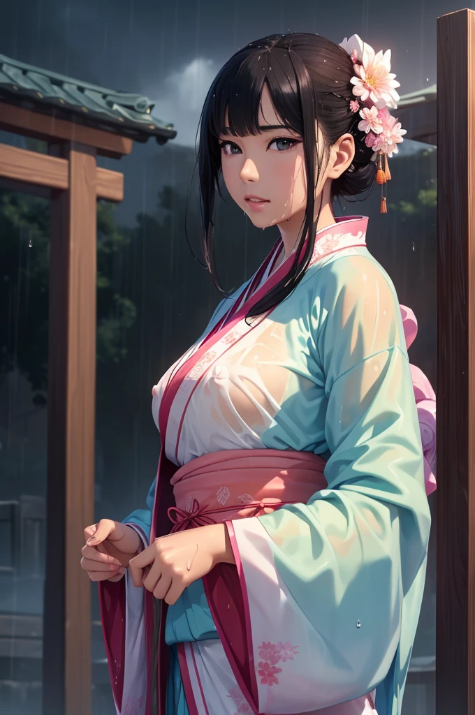 Rich historical background. (Highest quality,4K,8k,High resolution,masterpiece:1.2), Very detailed, (Realistic,Realistic,Photorealistic:1.37), High resolution, Hyper HD, Studio Lighting, Ultra-fine painting, Sharp focus, Physically Based Rendering, Very detailed説明, Professional, Vibrant colors, Bokeh, Sports Late, Ancient War Landscapes, Traditional Chinese Painting Techniques, Atmospheric lighting, Vivid color contrast, Visually stunning composition, Ethereal atmosphere,Very detailed目と顔, Beautiful attention to detail, Light on the face, (Hanfu: 1.1),My whole body is wet、My clothes are wet and transparent、Nipples are visible、nipples color pale pink、Dynamic pose、Rain clouds spreading across the sky、Heavy rain weather、Pouring rain、Wind and rain storm、((Soaked skin from head to toe))、((Rain-soaked clothes(Rain dripping from clothes))、((The lines of her body are clearly visible through her wet kimono..))