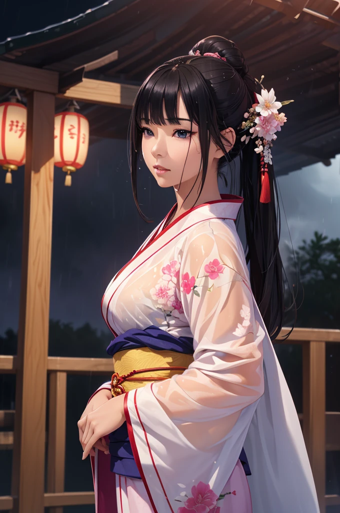 Rich historical background. (Highest quality,4K,8k,High resolution,masterpiece:1.2), Very detailed, (Realistic,Realistic,Photorealistic:1.37), High resolution, Hyper HD, Studio Lighting, Ultra-fine painting, Sharp focus, Physically Based Rendering, Very detailed説明, Professional, Vibrant colors, Bokeh, Sports Late, Ancient War Landscapes, Traditional Chinese Painting Techniques, Atmospheric lighting, Vivid color contrast, Visually stunning composition, Ethereal atmosphere,Very detailed目と顔, Beautiful attention to detail, Light on the face, (Hanfu: 1.1),My whole body is wet、My clothes are wet and transparent、Nipples are visible、nipples color pale pink、Dynamic pose、Rain clouds spreading across the sky、Heavy rain weather、Pouring rain、Wind and rain storm、((Soaked skin from head to toe))、((Rain-soaked clothes(Rain dripping from clothes))、((The lines of her body are clearly visible through her wet kimono..))