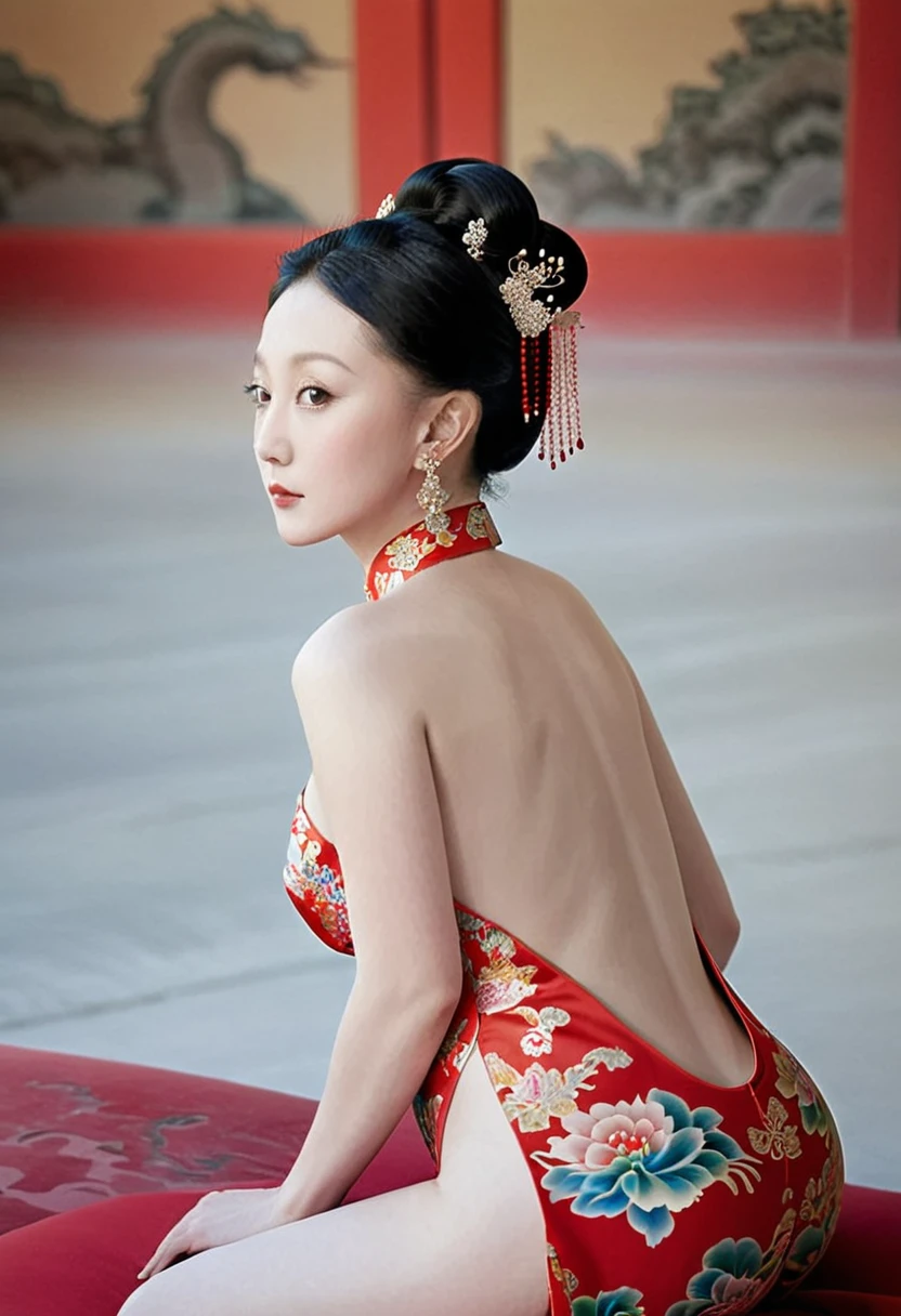 The empress of the Qing Dynasty is wearing a red floral patterned dress, completely naked, with her profile showing and her buttocks sticking out, posing in the luxurious palace of the empress of the Qing Dynasty.