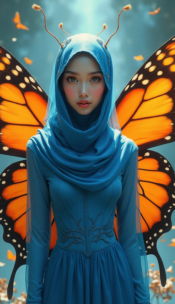 a most beautiful Asian muslimah woman named Cikgu Nurhafiza wears blue beautiful butterfly turtleneck unitard catsuit with a pair of beautiful orange butterfly Wings.She wears a hijab-like hood.Her hijab-like hood has a pair of antennae