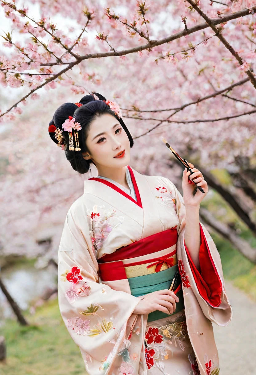 (A geisha stands gracefully under a cherry blossom, Look back and smile: 1.37), Pink cherry blossom petals next々And they scatter, (whole body) The face base makeup has no highlight or shadow decoration. Foundation covers the entire face and neck. Red lip makeup、The area of the mouth that is smaller than normal lips. A thin eyeliner pencil can accentuate the contours of your eyes., Strengthen your eyes, Makes pupils appear darker and deeper. Straight eyebrows are not only eye-catching、Informal, Cleanse the entire face. Typical Japanese Geisha makeup, Wearing a gorgeous kimono embroidered with red and gold cherry blossoms, This is a long-sleeved kimono, Wearing clogs, Realistic depiction of light and shadow, Realistic and exaggerated photos, super high quality, Super Details, Cinematic shots, Shallow depth of field