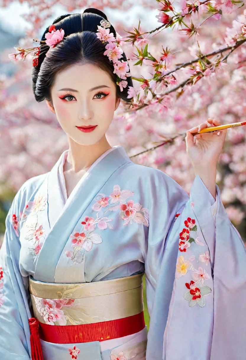 (A geisha stands gracefully under a cherry blossom, Look back and smile: 1.37), Pink cherry blossom petals next々And they scatter, (whole body) The face base makeup has no highlight or shadow decoration. Foundation covers the entire face and neck. Red lip makeup、The area of the mouth that is smaller than normal lips. A thin eyeliner pencil can accentuate the contours of your eyes., Strengthen your eyes, Makes pupils appear darker and deeper. Straight eyebrows are not only eye-catching、Informal, Cleanse the entire face. Typical Japanese Geisha makeup, Wearing a gorgeous kimono embroidered with red and gold cherry blossoms, This is a long-sleeved kimono, Wearing clogs, Realistic depiction of light and shadow, Realistic and exaggerated photos, super high quality, Super Details, Cinematic shots, Shallow depth of field