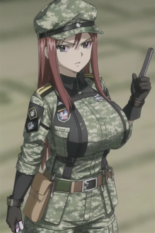 1girl, solo, Erza Scarlet, Fairy Tail, red hair, long hair, big breasts, looking at viewer, sidelocks, green camouflage military uniform, long sleeves, (bulletproof vest), belt pouches, (tactical belts), green camouflage cargo pants, black gloves, green camouflage peaked cap, (green hat), (badges), (simple blurry background)