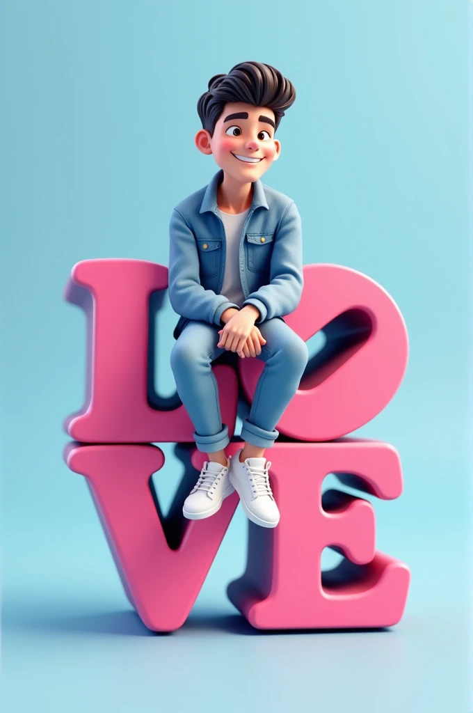 Create a 3D illustration of an animated character sitting casually on top of a social media logo "love". The character must wear casual modern clothing such as jeans jacket and sneakers shoes. The background of the image is a social media profile page with a user name "may_hn73" and a profile picture that match.