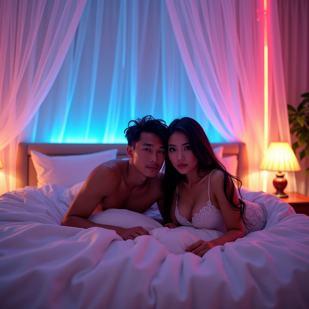Indonesian couple. The man is a normal body, With The woman is a little chubby and huge breasted, The luxurious bedroom is decorated with a mosquito net with RGB neon backlight as a background detail, lying on the pillow bed together under the fluffy white blanket. Look at the viewer, natural light, realistic photography, wide angle shot from top.