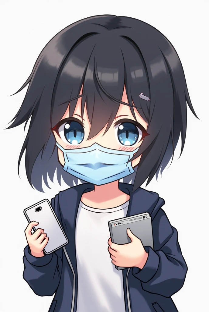 One person,Black Hair, Asymmetrical bangs, Blue Eyes,Drooping eyes,White T-shirt,Navy blue jacket,Hide your nose with a mask,smartphone,computer,Simple background,cute,Default,Illness,Confused eyes,Distributor,Chibi Character,7:3 parting,Lift your bangs