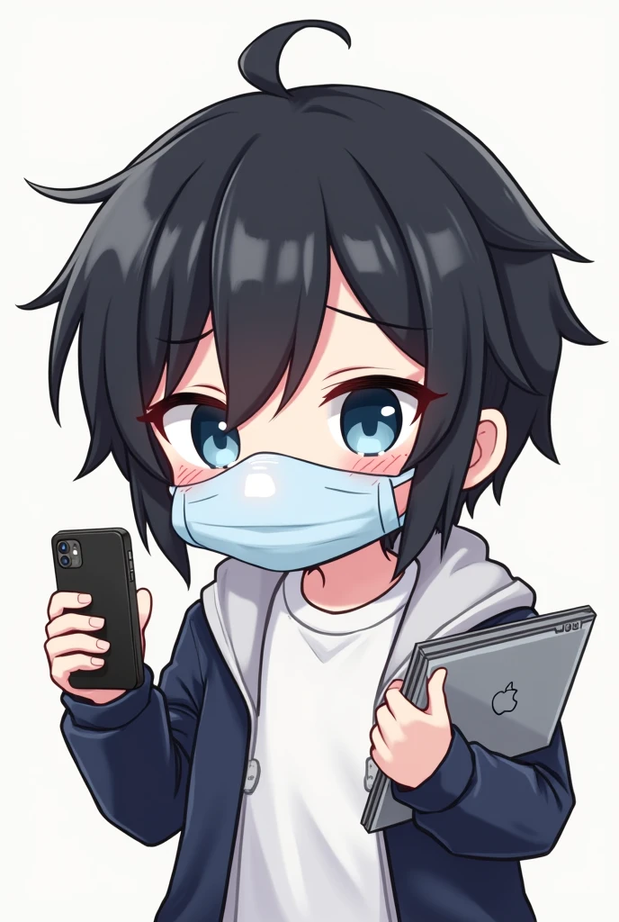 One person,Black Hair, Asymmetrical bangs, Blue Eyes,Drooping eyes,White T-shirt,Navy blue jacket,Hide your nose with a mask,smartphone,computer,Simple background,cute,Default,Illness,Confused eyes,Distributor,Chibi Character,7:3 parting,Lift your bangs