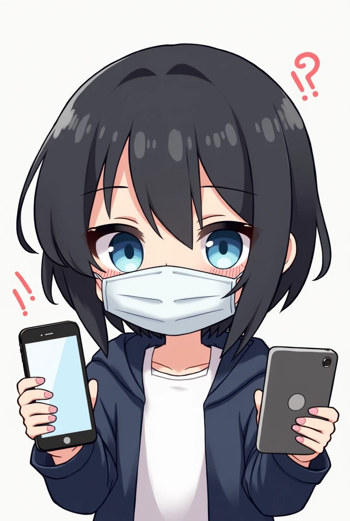 One person,Black Hair, Asymmetrical bangs, Blue Eyes,Drooping eyes,White T-shirt,Navy blue jacket,Hide your nose with a mask,smartphone,computer,Simple background,cute,Default,Illness,Confused eyes,Distributor,Chibi Character,7:3 parting,Lift your bangs