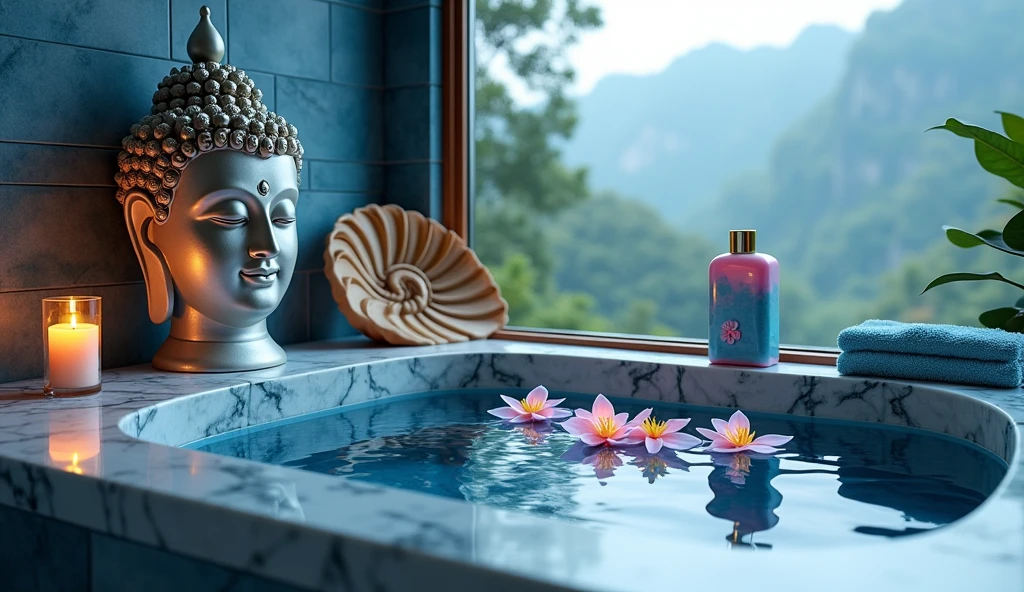 blue light tile and gold ((hyper detailed 8k)) luxury Bathroom with spa Buddha head and candles and giant nautilus shell, spa ritual aesthetics, thai flowers in the bath, blue and white towels, blue marble interior, product photography with beautiful blue and pink spa bottles for soap, epic view shot cinematic 35 mm 8k uh