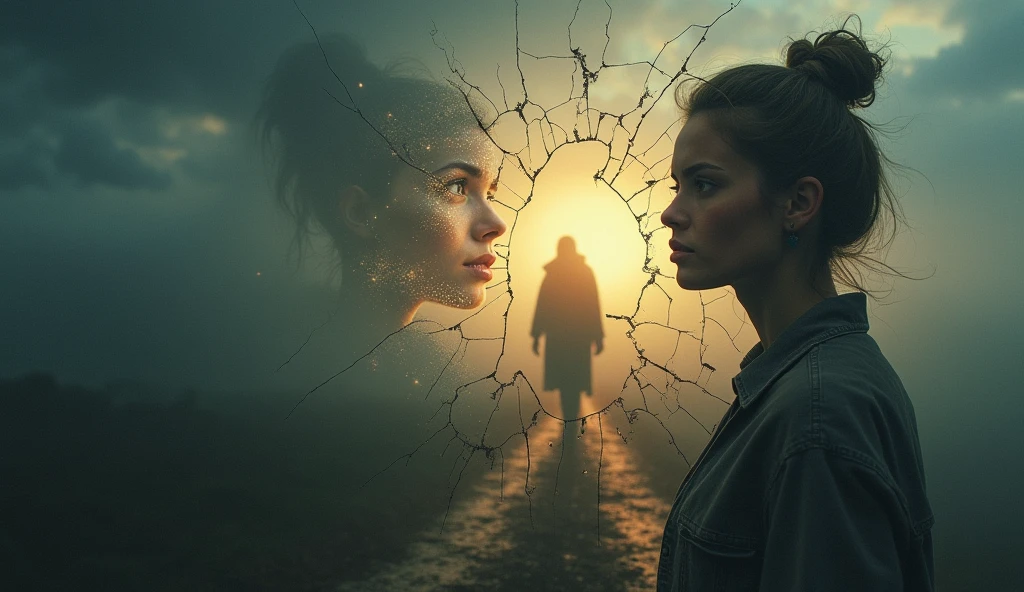 A woman stands at a crossroads，Symbolizes the emotional journey when dealing with betrayal。On one side is a stormy and turbulent scene，Represents the pain and confusion after discovering betrayal。On the other side is a peaceful、A quiet path leads to a hopeful sunrise，Symbolizes self-reflection、Growth and new beginnings。Woman with thoughtful expression，Reflects the transition from pain to healing and decision-making。
This abstract and haunting album cover uses a broken mirror as its central metaphor，Represents the loss and brokenness caused by addiction. There is a cracked mirror on the cover, Each fragment reflects a different part of the woman's face and body. Some fragments revealed her eyes, Others use her hands, Some only show holes, dark空洞, It symbolizes what she has lost.. Reflections are distorted and blurry, conveying the confusion and chaos of her inner struggle. Around the mirror, dark, The foggy atmosphere creates a feeling of isolation and despair. A dim light shines through the cracks in the mirror, Embers of light, Hinting at the past "fire", It's almost invisible now.. The background is a deep, A mix of shades of grey and black, feeble, 过去记忆的幽灵般的影像渐渐消失在dark中. The overall effect is fragmentation and loss, Visually demonstrate the emotional and psychological toll of addiction.