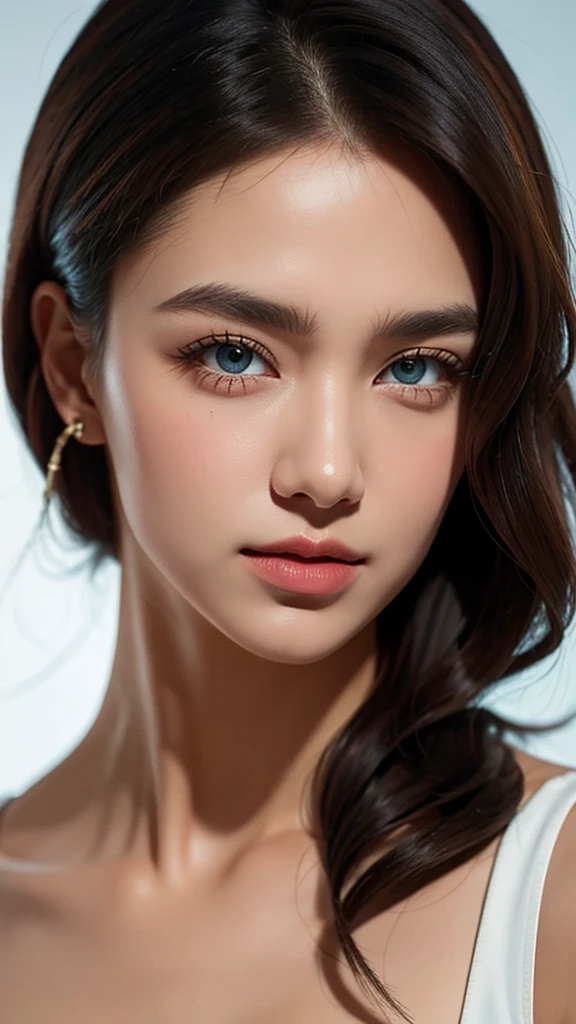A close-up of a better masterpiece, with a 1.5x zoom, showcasing every intricate detail of the silver crown atop the subject's head. The messy black hair frames their face, drawing attention to their heterochromia xanthochromia and piercing blue eyes. Colored stars seem to dance within their gaze, adding a touch of magic to the already stunning image. A radiant glow surrounds them, highlighting their thick lips and making them the center of attention.
