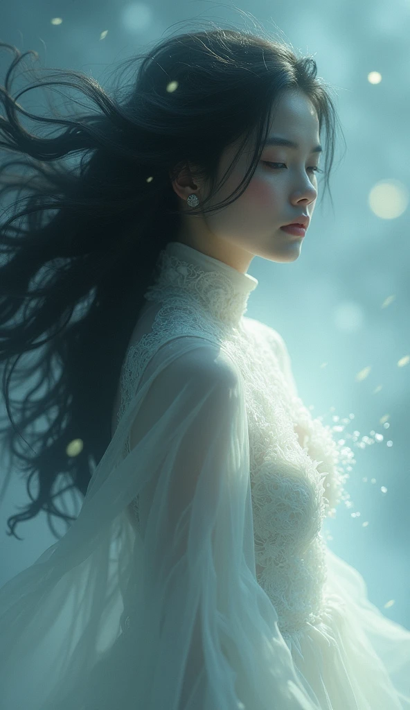but something comes out, nothing comes out, pure devine pale skin, woman, black hair, 8K