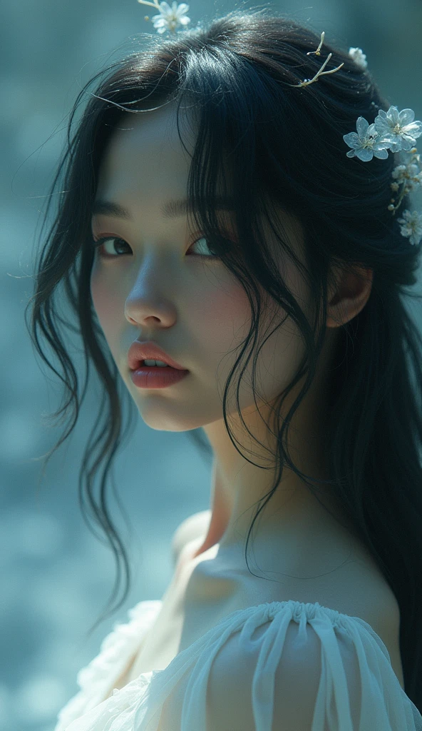but something comes out, nothing comes out, pure devine pale skin, woman, black hair, 8K