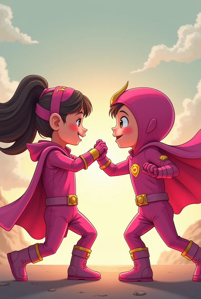 Three baby HEROs fighting in pink outfits