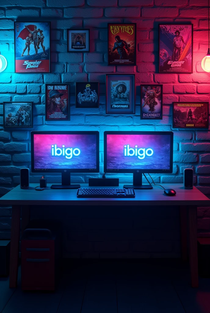Streamer set, brick wall with movie posters, illuminated with blue neon lights, two monitors and on the monitors the text "IBIGO"
