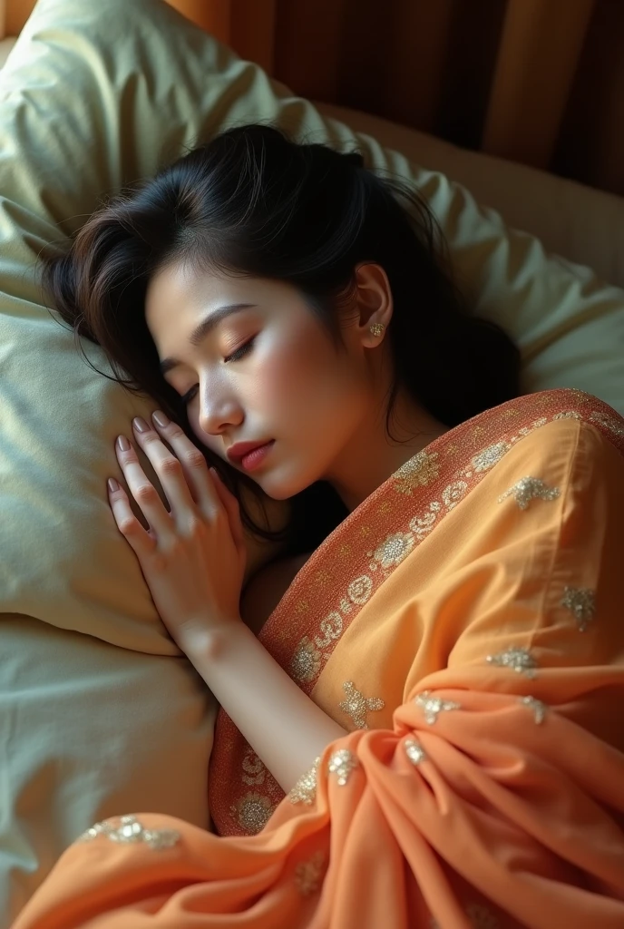 Genrate a women . Age between 25 in a slim body wearing a Indian saree take veil with that Saree sleeping on a bed image in 16:9