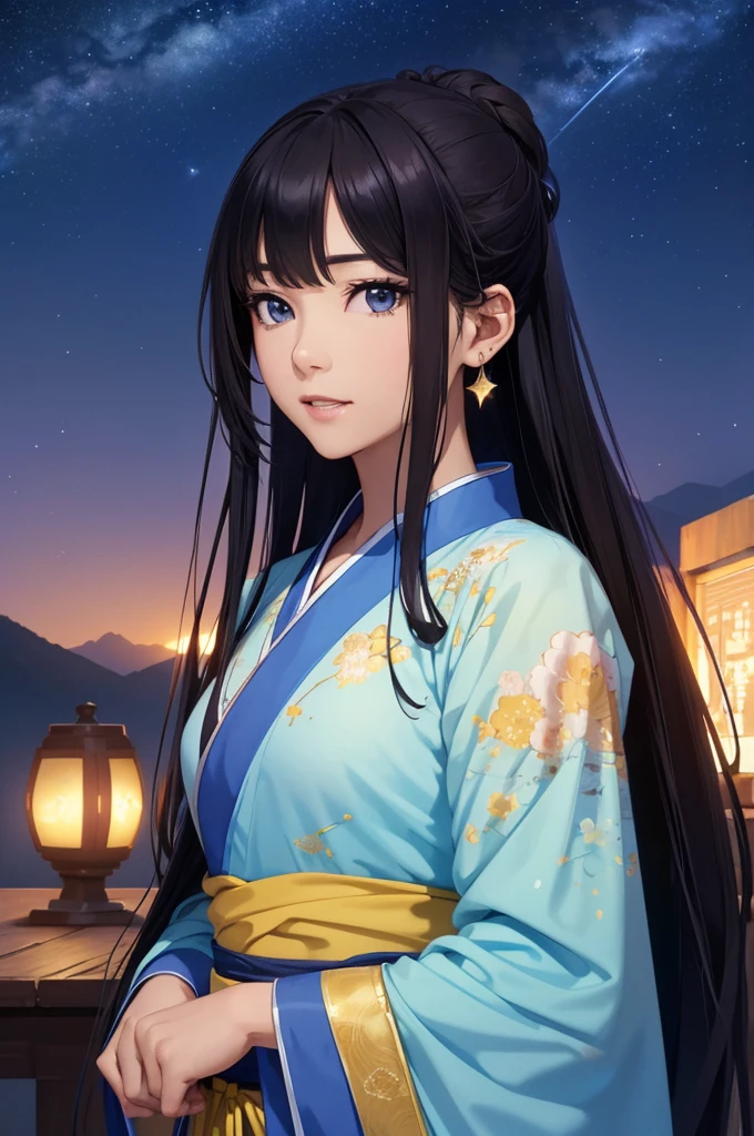 Starry sky landscape、shooting star、(Highest quality,4K,8k,High resolution,masterpiece:1.2)、High resolution、Physically Based Rendering、Vibrant colors、Ancient War Landscapes、Traditional Chinese Painting Techniques、Atmospheric lighting、Vivid color contrast、Visually stunning composition、Highly detailed eyes and face,、Beautiful attention to detail、 Light on the face、 (Hanfu: 1.1)、Nipples are visible、Dynamic pose、whole body
