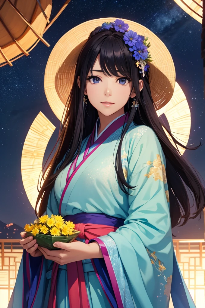Starry sky landscape、shooting star、(Highest quality,4K,8k,High resolution,masterpiece:1.2)、High resolution、Physically Based Rendering、Vibrant colors、Ancient War Landscapes、Traditional Chinese Painting Techniques、Atmospheric lighting、Vivid color contrast、Visually stunning composition、Highly detailed eyes and face,、Beautiful attention to detail、 Light on the face、 (Hanfu: 1.1)、Nipples are visible、Dynamic pose、whole body
