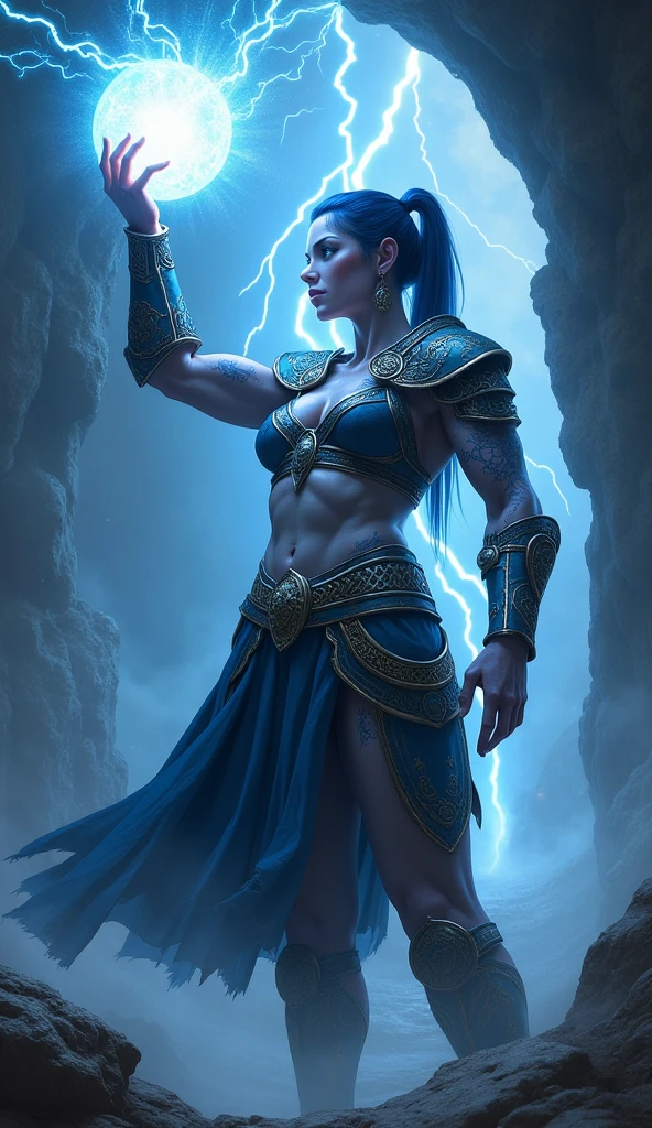 Aletta Ocean, angry evil beautiful and muscular, Nordic female, towering storm Giantess with blue black hair in a ponytail, older and mature woman, throwing a lightning ball, celtic glowing tattoos, wearing silver nordic steel runic plate mail Armour , temple cave background with lightning storm, glowing blue eyes, square jaw, powerful and imposing, winter clothing, pale blue purple skin, ((full plate silver celtic dragon armour)), nordic tattoos with bodybuilder physique