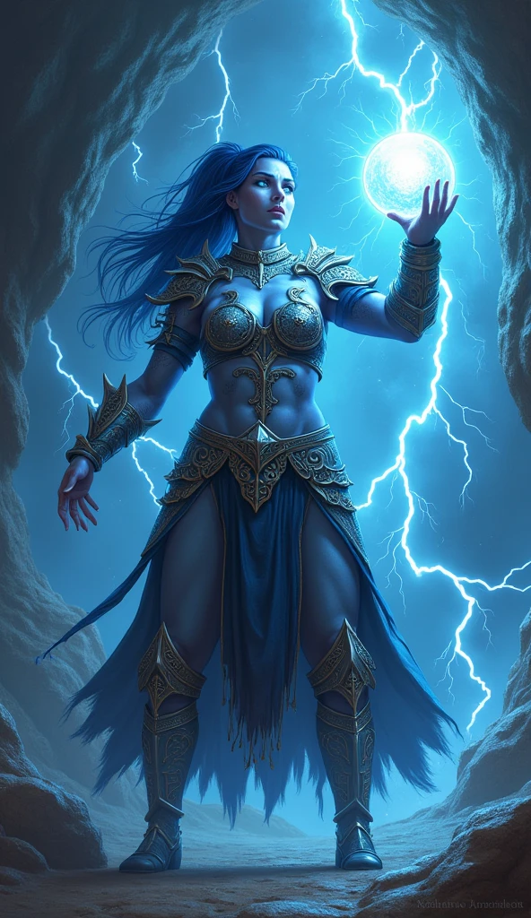 Aletta Ocean, angry evil beautiful and muscular, Nordic female, towering storm Giantess with blue black hair in a ponytail, older and mature woman, throwing a lightning ball, celtic glowing tattoos, wearing silver nordic steel runic plate mail Armour , temple cave background with lightning storm, glowing blue eyes, square jaw, powerful and imposing, winter clothing, pale blue purple skin, ((full plate silver celtic dragon armour)), nordic tattoos with bodybuilder physique