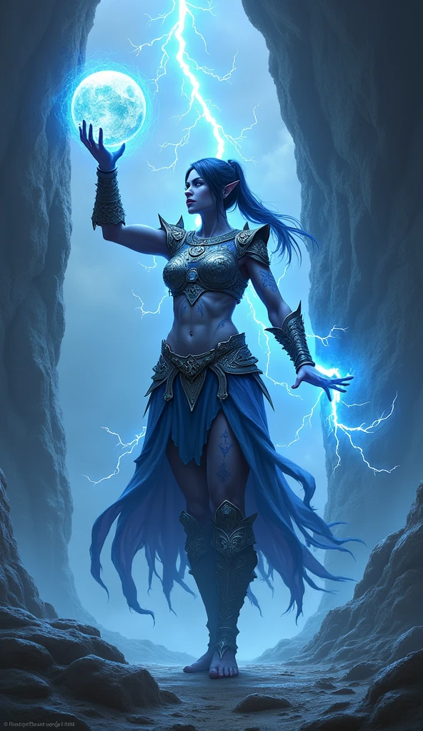 Aletta Ocean, angry evil beautiful and muscular, Nordic female, towering storm Giantess with blue black hair in a ponytail, older and mature woman, throwing a lightning ball, celtic glowing tattoos, wearing silver nordic steel runic plate mail Armour , temple cave background with lightning storm, glowing blue eyes, square jaw, powerful and imposing, winter clothing, pale blue purple skin, ((full plate silver celtic dragon armour)), nordic tattoos with bodybuilder physique 