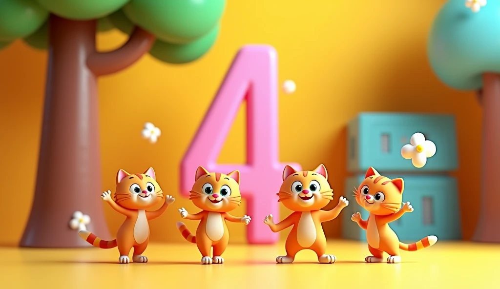 Create in 3d animation style for the of age group of 1-3 years kidshow the number "4" along with four fun, animated items, such as four dancing cats"