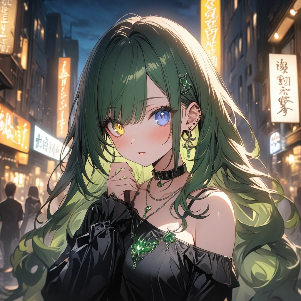 (((anime))) One woman,Gal,long hair,(Green Hair),Oblique bangs Piercings,necklace,(Jade Gemstones),Collar with jewels,Gemstone light reflection cool,Look this way,Heterochromia iridis,Blue eyes,(Yellow Eyes),Big pupils One-shoulder dress,Volume sleeve,(black),Hisui's writing,Green Night,City of night,signboard,Street lamp light,Backlight,masterpiece,Highest quality,Exquisite,8k,Absurd,Ultra-fine illustrations,(View your viewers)