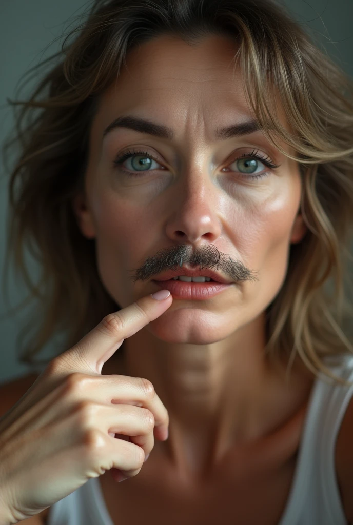 hyper realistic, woman in her 50s, soft lighting, close up on her lips and chin, visible upper lip and achin hair, slightly turned off centre, finger pounting at the moustache area
