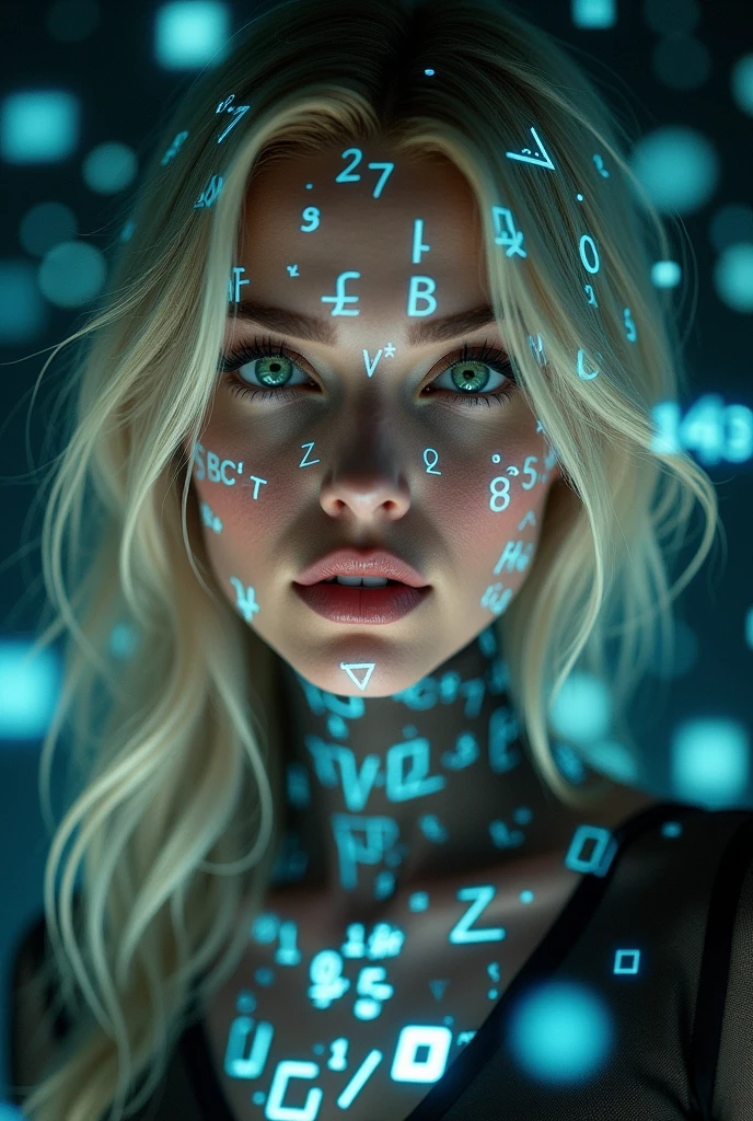 woman's face, blond hair, ,green eyes, glowing blue holographic equations projected onto skin. Intense gaze, realistic features. Dark background, cyberpunk aesthetic. Luminous mathematical formulas, handwritten style. Futuristic, high-tech atmosphere. Photorealistic rendering, dramatic lighting, sharp contrast