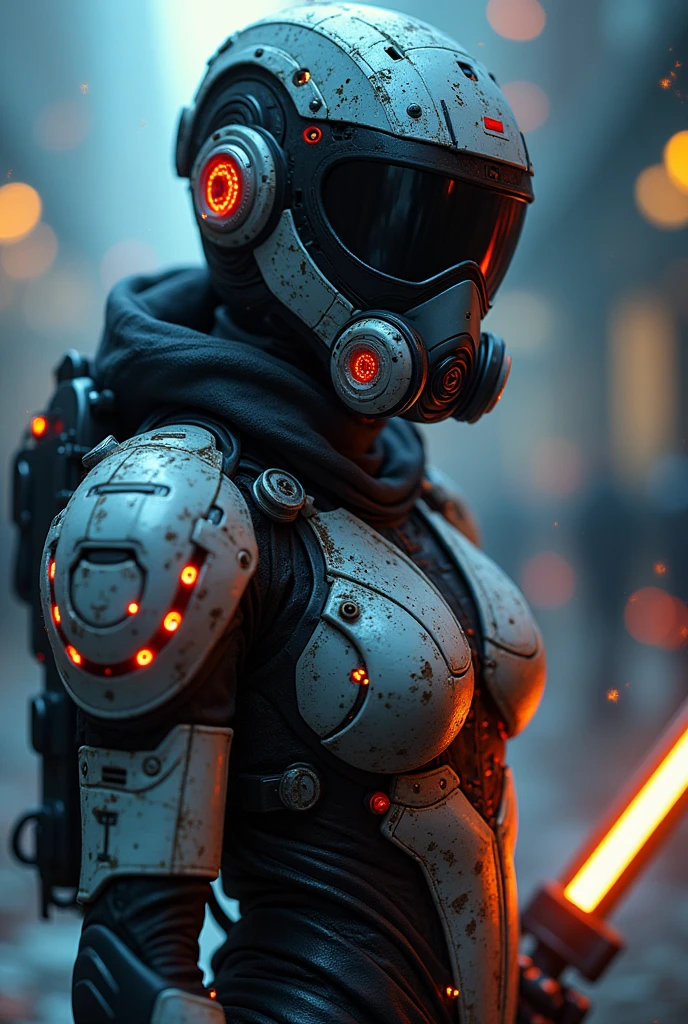(best quality), future, 1girl, solo, miko motif exoskeleton suit, led, gas mask, holding blade, machinery, digital engraving, ultra highres, absurdres, deep glow effect, hdr, light particles, cinematic lighting, depth of field