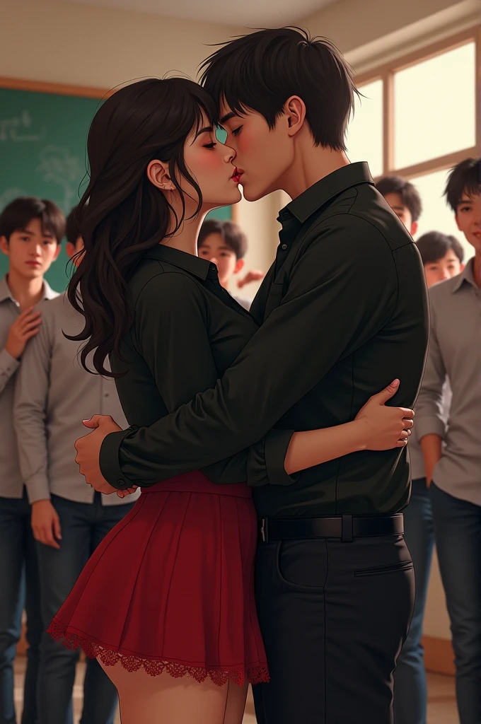 a 23 year old girl, beautiful white skin, plus size, With a short red lace skirt and a black blouse from northern Mexico kissing an 18 year old man in the teacher&#39;s classroom, a group of boys cheering on the side. of them