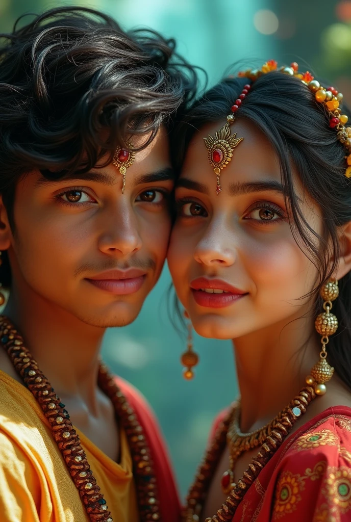 a 20 year old hindu boy and girl together, detailed facial features, beautiful eyes, high quality, intricate details, realistic, photorealistic, vibrant colors, cinematic lighting, epic fantasy, magical realism, conceptart, cinematic composition LOOKING AT CAMERA 