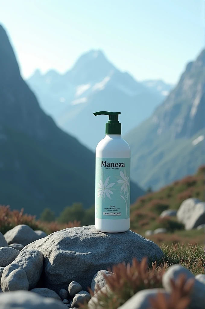 Shampoo bottlr named maneza on rock and near mountains