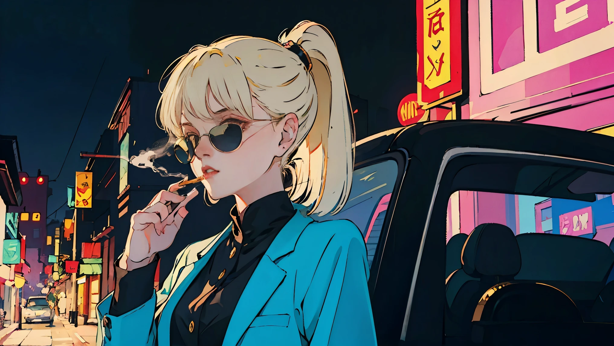 Russian beauty with ponytail gold hair, old car in background, perfect face, sunglasses, smoking white tailor-made cigarette, neo-noir, (after backlight correction: 1.1), hard shadow, masterpiece, top quality, , model shooting style, vintage, film grain, perfect detail,reality