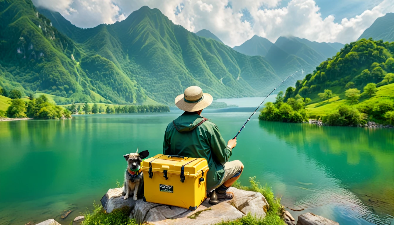 Fisherman wearing fisherman hat.Go fishing fully equipped.fishing chaishing box、fishing umbrella、Follow a dog.Come to the beautiful lakeside with green mountains and clear water.anatomically correct.Scenery background(best quality,4K,8k,High resolution,masterpiece:1.2),Super detailed,(actual,photoactual,photo-actual:1.37),