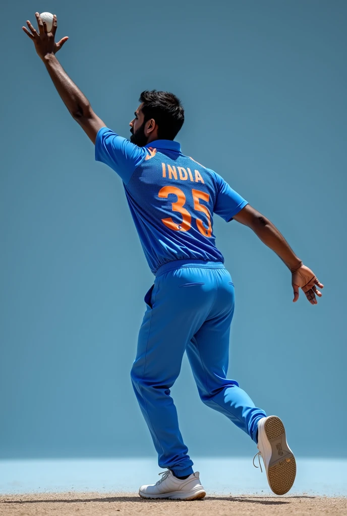 Give me a blue jersey with INDIA written on the back. Close-up of the back of a cricket player wearing white sneakers，Pitching，Show back, 8k detail, 8k detail, Zoom out, Very very low quality image, ( ( Dark Skin ) ), Available images, Low quality granular, enlarge, 16k enlarge图像