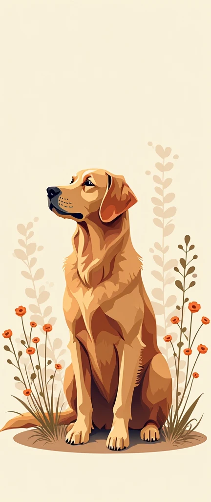 A peacefully majestic dog golden retriever portrayed in abstract vector artwork is depicted against an off-white background in warm colors. Surrounding the fox are delicate wildflowers in a low poly style, with flat outlines and no shadows. The image exudes a sense of tranquility and beauty, with each detail expertly crafted to create a stunning visual experience. This high-quality digital illustration captures the essence of nature and wildlife with remarkable skill and precision. It includes the text “Gringa" integrated into the background.
