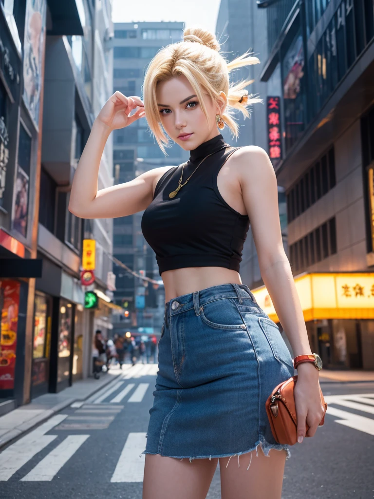 Masterpiece, best quality, ai-generated,official art,dragon ball,1girl,android 18, city,stylish pose,

