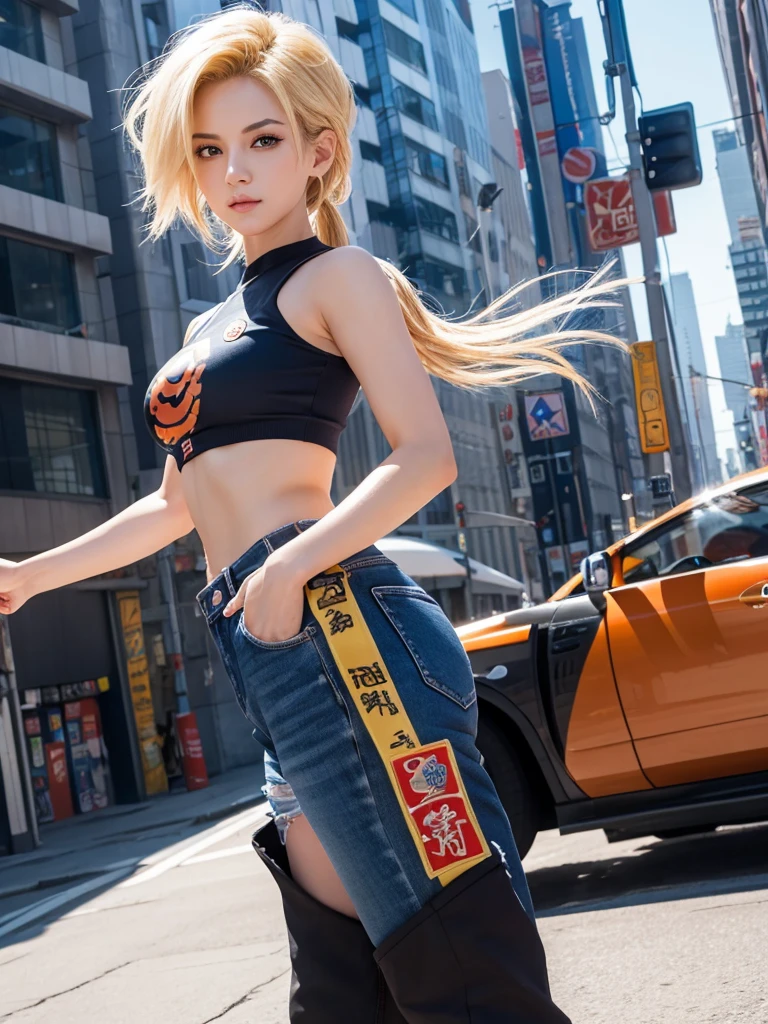 Masterpiece, best quality, ai-generated,official art,dragon ball,1girl,android 18, city,stylish pose,
