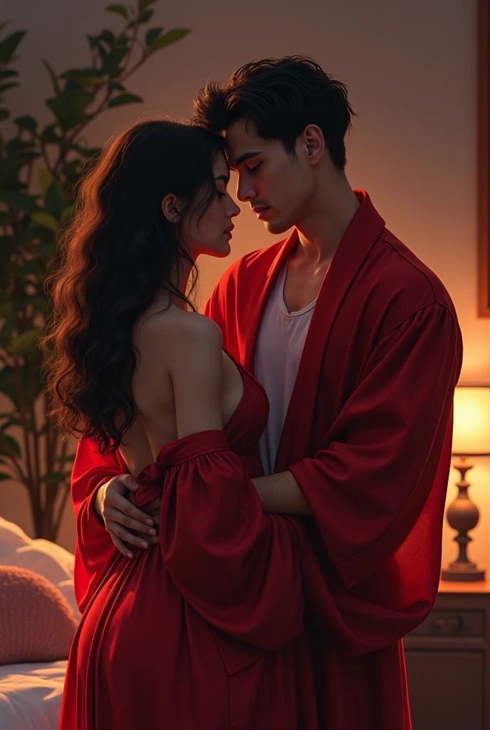 score_9, score_8_above, score_7_above, fountain_cheered up, 1 chico, 1 girl, mature woman in a sexy red robe, collar, mother and son, child, sex , romantic, evening, in bed