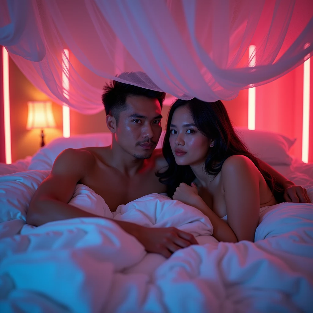 Indonesian couple. The man is a normal body, With The woman is a little chubby and huge breasted, The luxurious bedroom is decorated with a mosquito net with RGB neon backlight as a background detail, lying on the pillow together under the fluffy white blanket. Look at the viewer, natural light, realistic photography, wide angle shot from top.